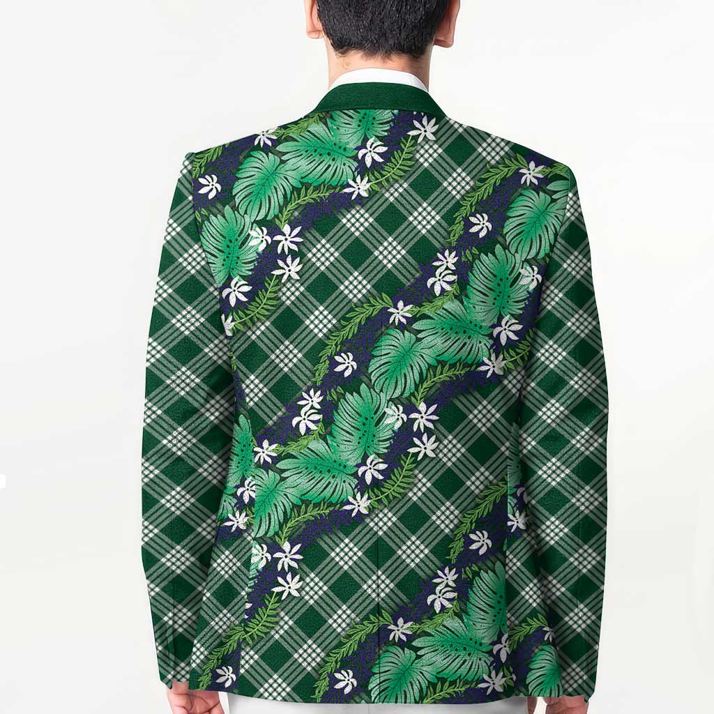 Polynesian Monstera Tiare Floral Blazer Forest Green Tropical Plaid - Polynesian Pride