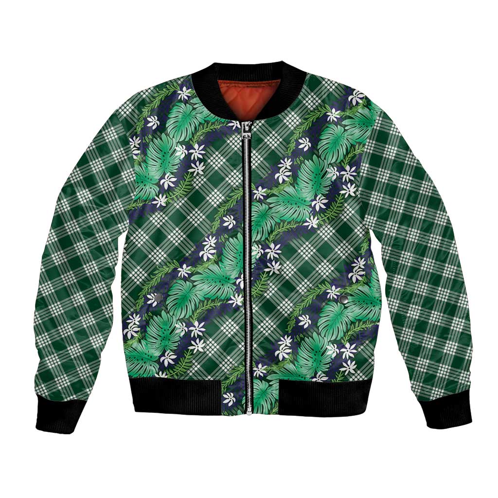 Polynesian Monstera Tiare Floral Bomber Jacket Forest Green Tropical Plaid - Polynesian Pride