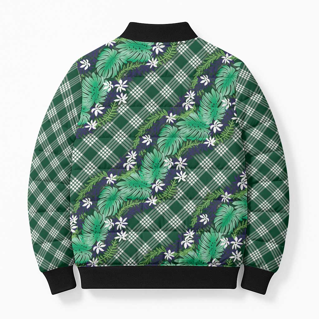 Polynesian Monstera Tiare Floral Bomber Puffer Jacket Forest Green Tropical Plaid LT01 - Polynesian Pride