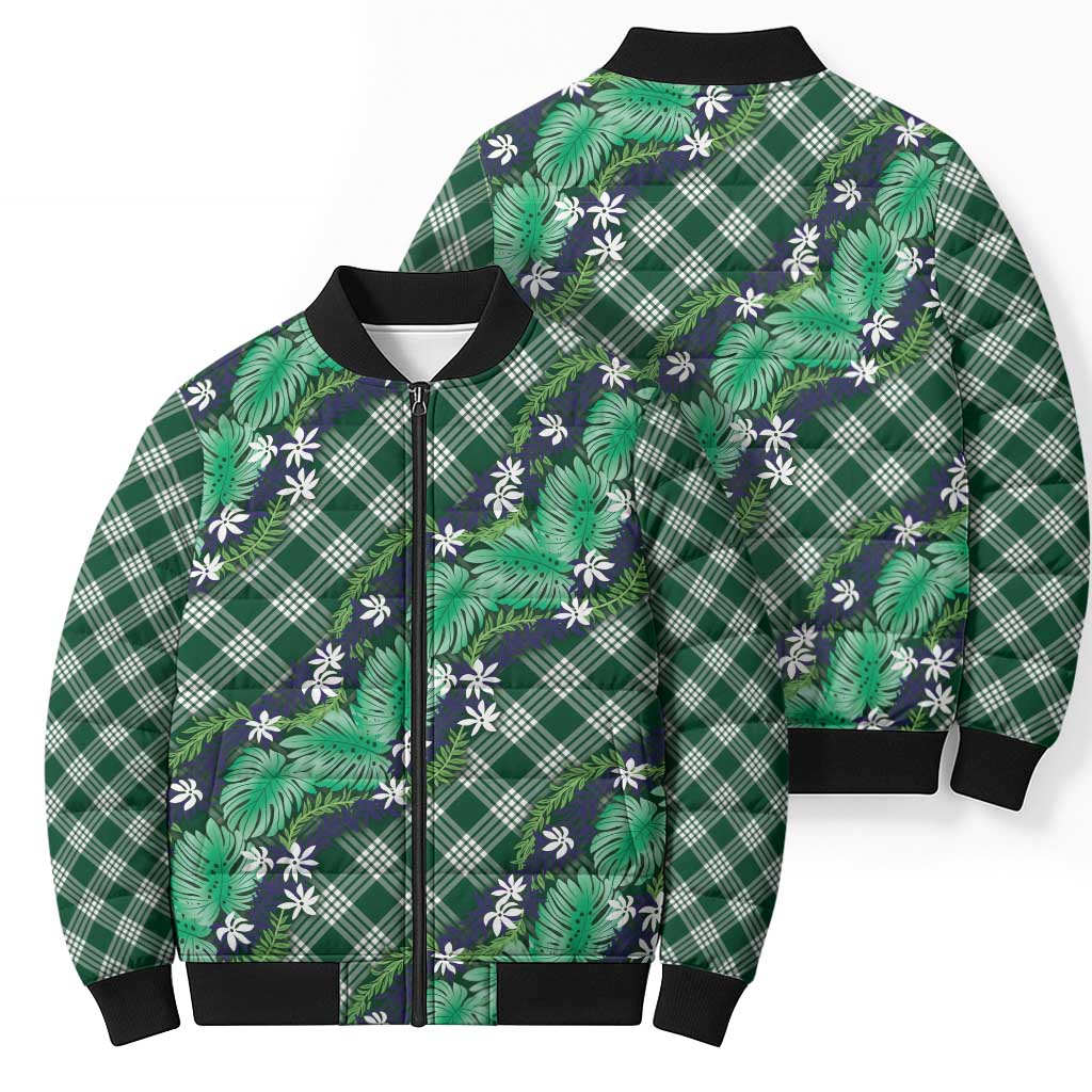 Polynesian Monstera Tiare Floral Bomber Puffer Jacket Forest Green Tropical Plaid LT01 - Polynesian Pride