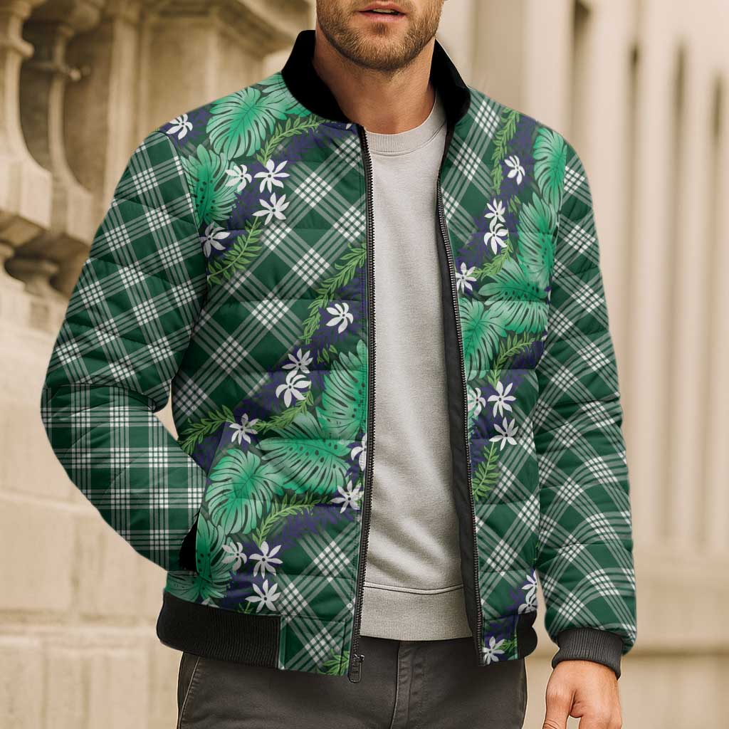Polynesian Monstera Tiare Floral Bomber Puffer Jacket Forest Green Tropical Plaid LT01 - Polynesian Pride