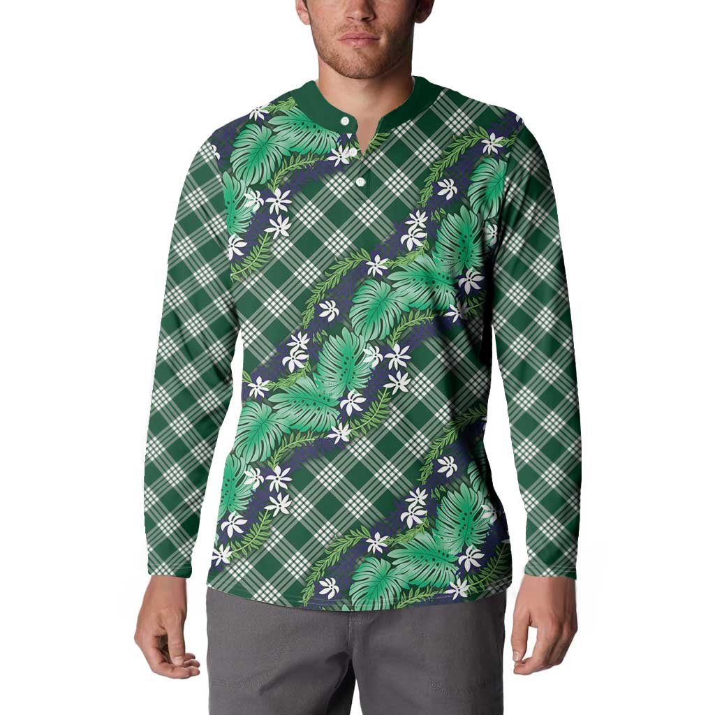 Polynesian Monstera Tiare Floral Button Sweatshirt Forest Green Tropical Plaid LT01 - Polynesian Pride