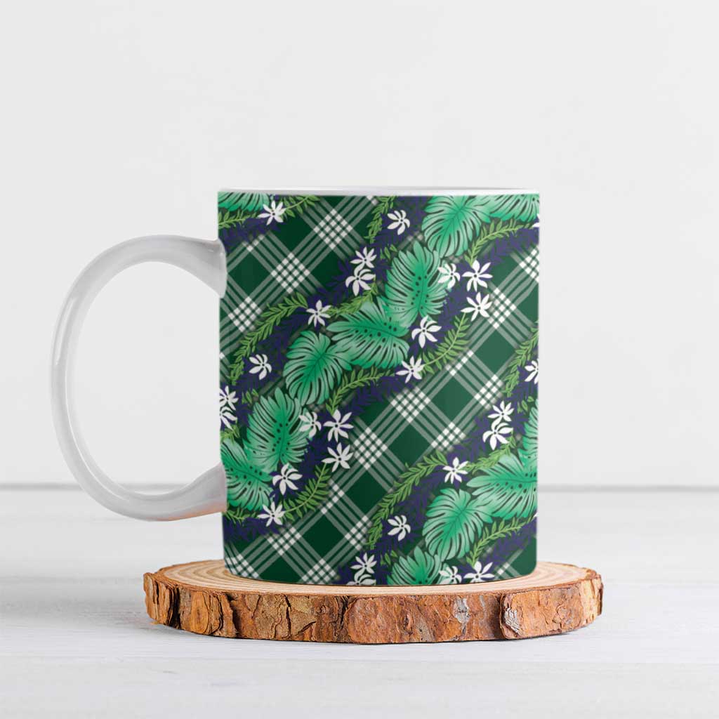 Polynesian Monstera Tiare Floral Ceramic Mug Forest Green Tropical Plaid LT01 Green - Polynesian Pride