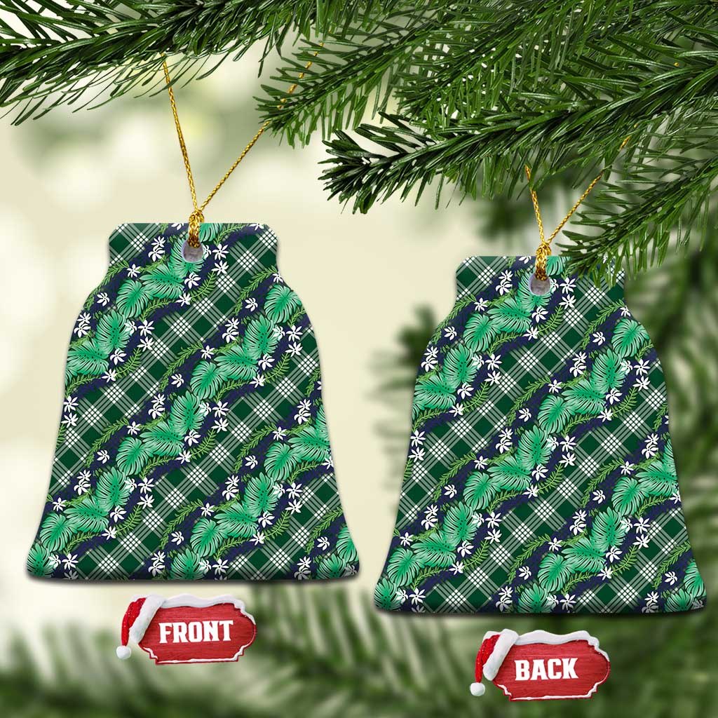 Polynesian Monstera Tiare Floral Ceramic Ornament Forest Green Tropical Plaid LT01 Bell Flake Green - Polynesian Pride