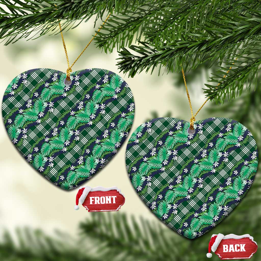 Polynesian Monstera Tiare Floral Ceramic Ornament Forest Green Tropical Plaid LT01 Heart Green - Polynesian Pride