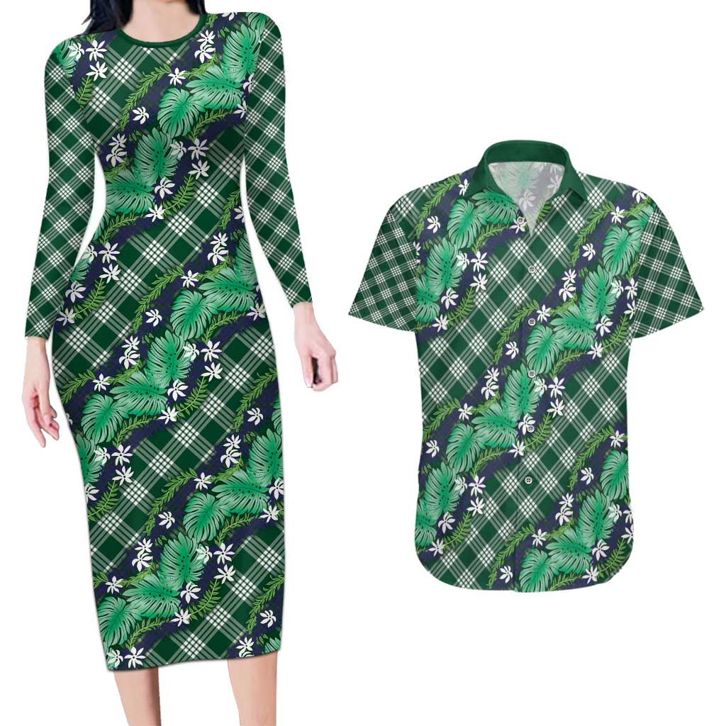Polynesian Monstera Tiare Floral Couples Matching Long Sleeve Bodycon Dress and Hawaiian Shirt Forest Green Tropical Plaid LT01 Green - Polynesian Pride