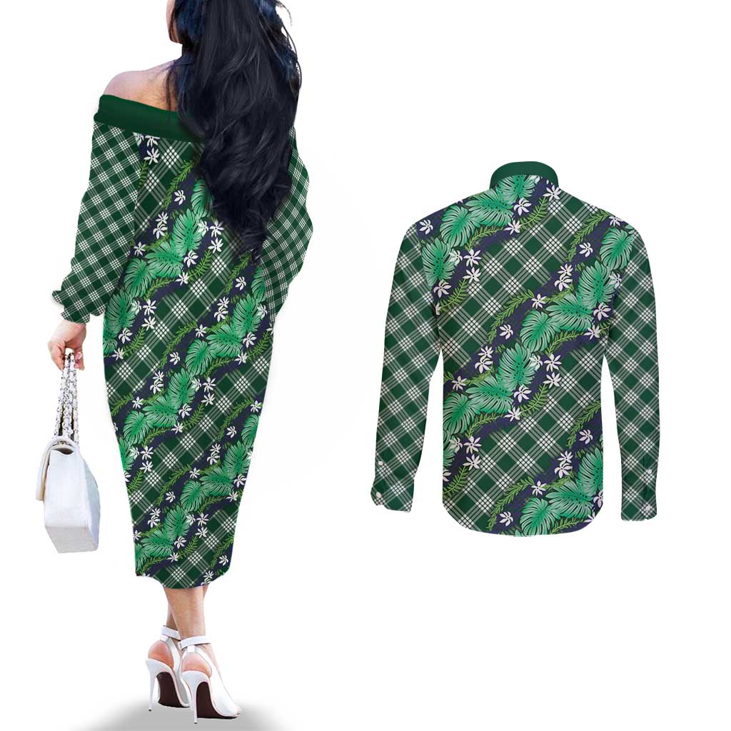 Polynesian Monstera Tiare Floral Couples Matching Off The Shoulder Long Sleeve Dress and Long Sleeve Button Shirt Forest Green Tropical Plaid LT01 - Polynesian Pride