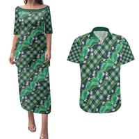 Polynesian Monstera Tiare Floral Couples Matching Puletasi and Hawaiian Shirt Forest Green Tropical Plaid LT01 Green - Polynesian Pride