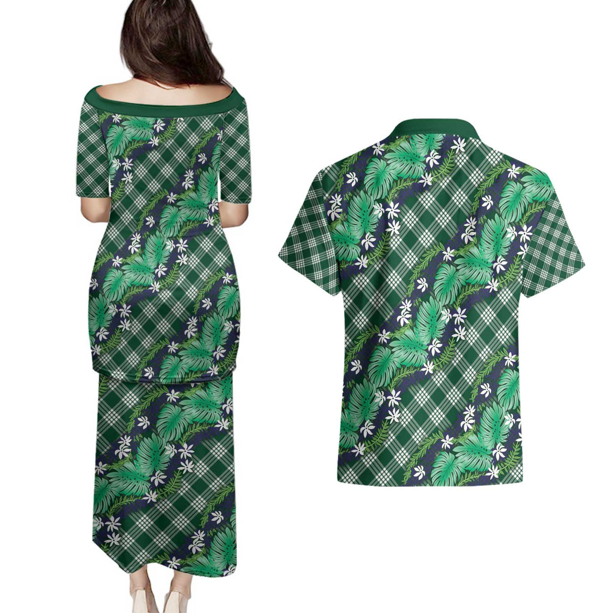 Polynesian Monstera Tiare Floral Couples Matching Puletasi and Hawaiian Shirt Forest Green Tropical Plaid LT01 - Polynesian Pride