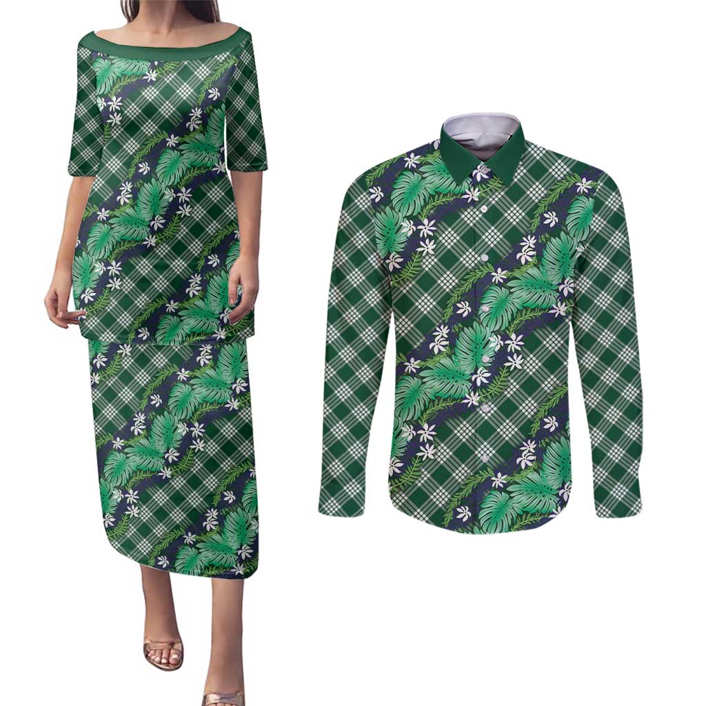 Polynesian Monstera Tiare Floral Couples Matching Puletasi and Long Sleeve Button Shirt Forest Green Tropical Plaid LT01 Green - Polynesian Pride