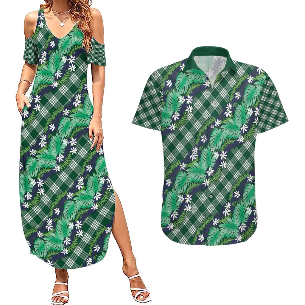 Polynesian Monstera Tiare Floral Couples Matching Summer Maxi Dress and Hawaiian Shirt Forest Green Tropical Plaid LT01 Green - Polynesian Pride