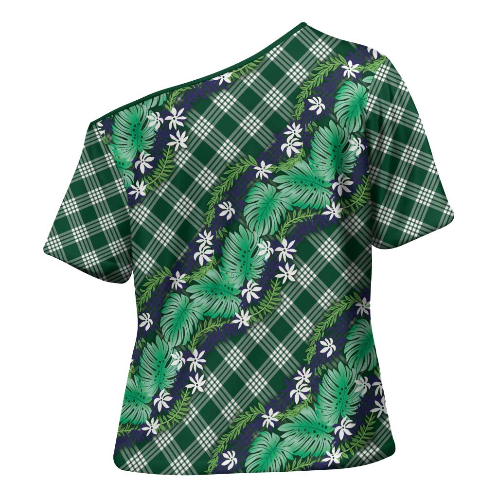 Polynesian Monstera Tiare Floral Cross Shoulder Shirt Forest Green Tropical Plaid LT01 - Polynesian Pride