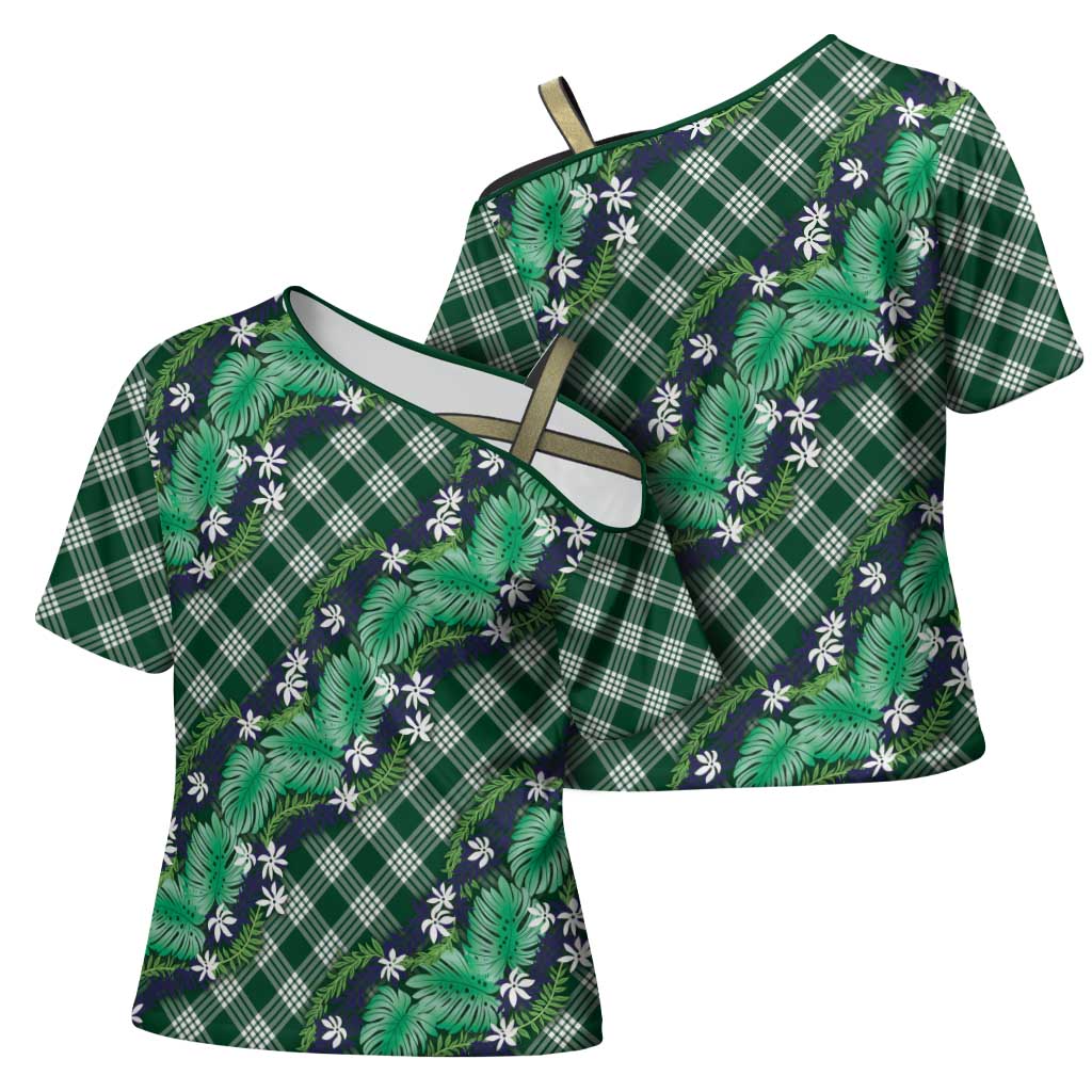 Polynesian Monstera Tiare Floral Cross Shoulder Shirt Forest Green Tropical Plaid LT01 - Polynesian Pride