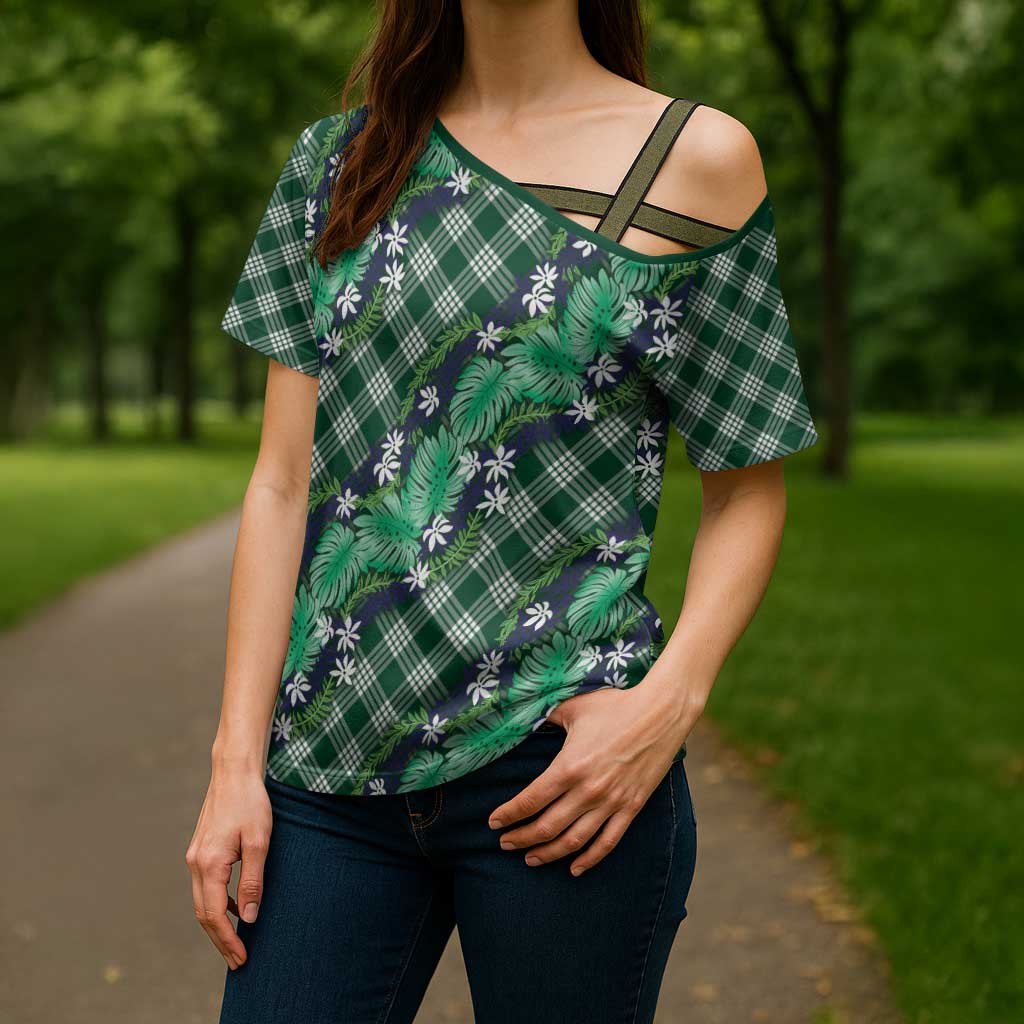 Polynesian Monstera Tiare Floral Cross Shoulder Shirt Forest Green Tropical Plaid LT01 - Polynesian Pride