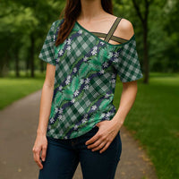 Polynesian Monstera Tiare Floral Cross Shoulder Shirt Forest Green Tropical Plaid LT01 - Polynesian Pride