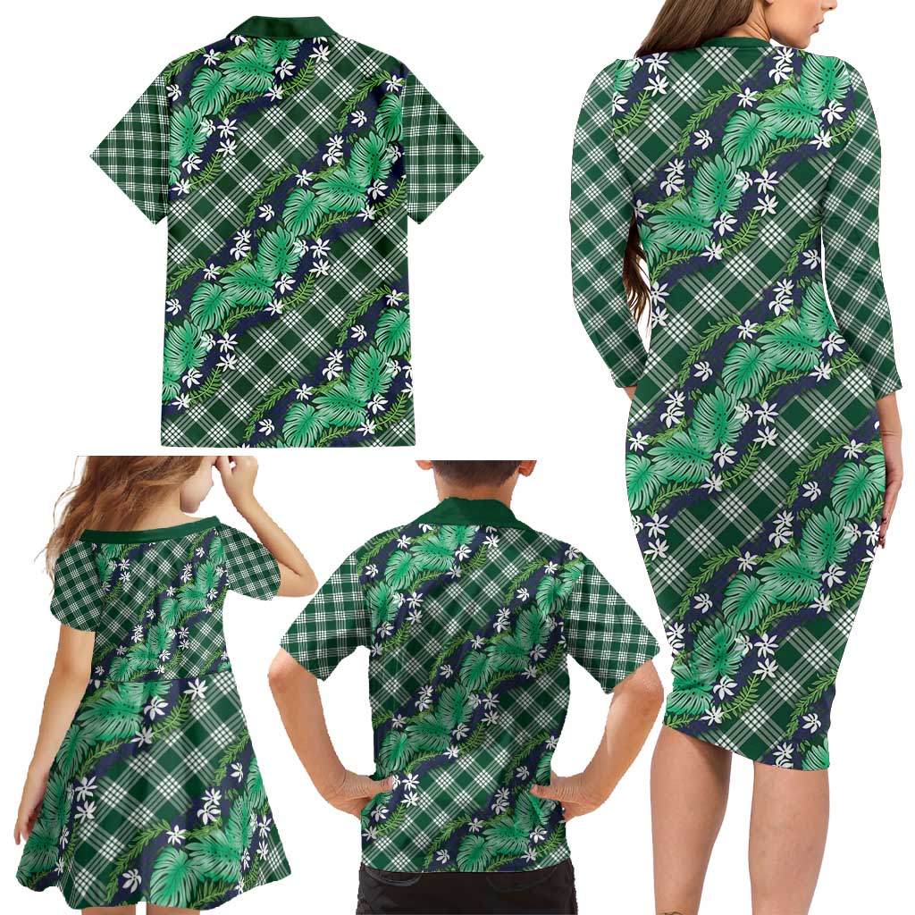 Polynesian Monstera Tiare Floral Family Matching Long Sleeve Bodycon Dress and Hawaiian Shirt Forest Green Tropical Plaid - Polynesian Pride