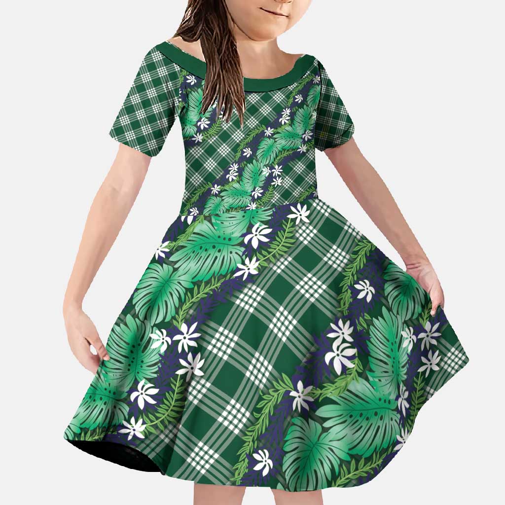Polynesian Monstera Tiare Floral Family Matching Mermaid Dress and Hawaiian Shirt Forest Green Tropical Plaid - Polynesian Pride