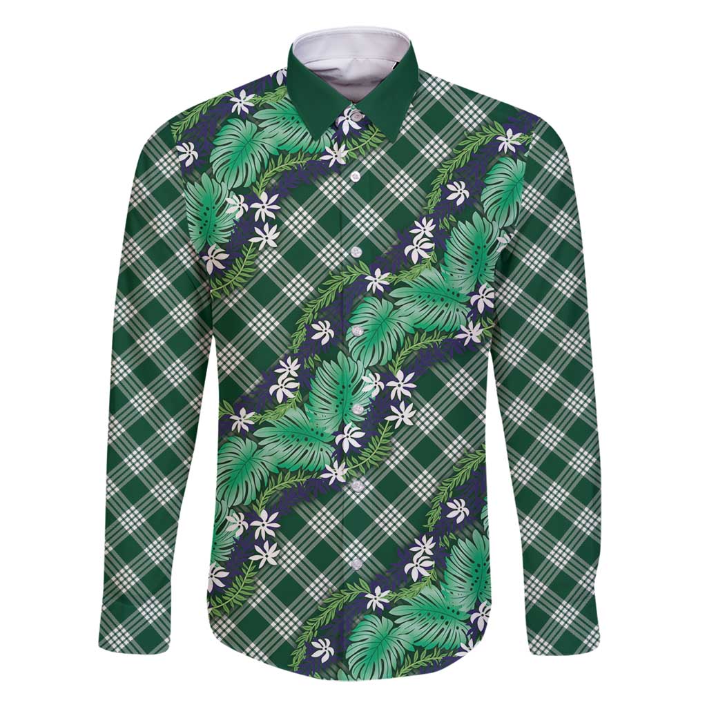 Polynesian Monstera Tiare Floral Family Matching Mermaid Dress and Hawaiian Shirt Forest Green Tropical Plaid - Polynesian Pride