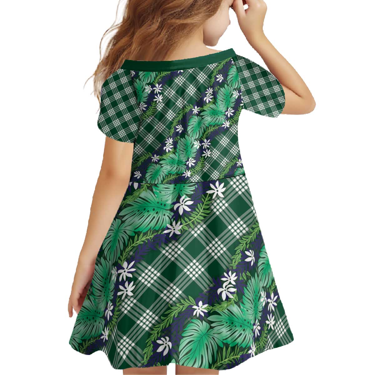 Polynesian Monstera Tiare Floral Family Matching Off The Shoulder Long Sleeve Dress and Hawaiian Shirt Forest Green Tropical Plaid - Polynesian Pride