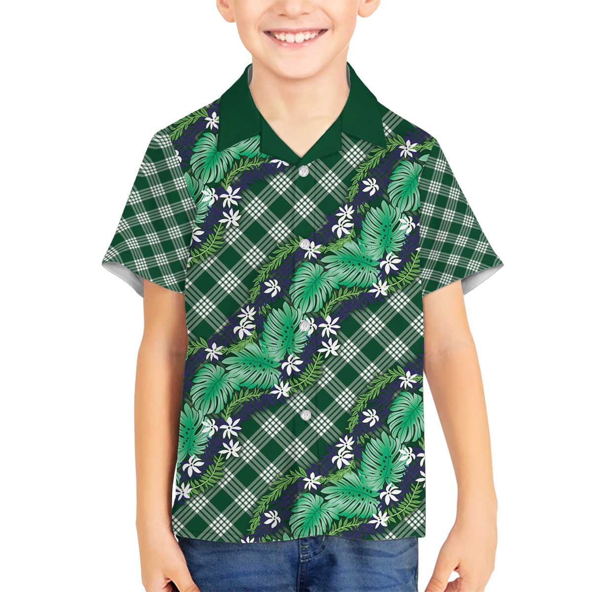 Polynesian Monstera Tiare Floral Family Matching Off The Shoulder Long Sleeve Dress and Hawaiian Shirt Forest Green Tropical Plaid - Polynesian Pride