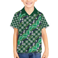 Polynesian Monstera Tiare Floral Family Matching Off The Shoulder Long Sleeve Dress and Hawaiian Shirt Forest Green Tropical Plaid - Polynesian Pride