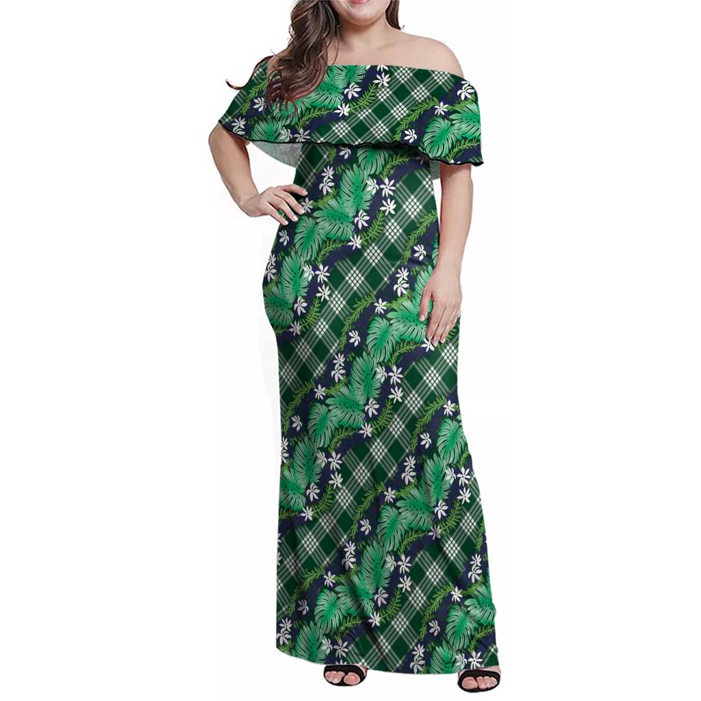 Polynesian Monstera Tiare Floral Family Matching Off Shoulder Maxi Dress and Hawaiian Shirt Forest Green Tropical Plaid - Polynesian Pride
