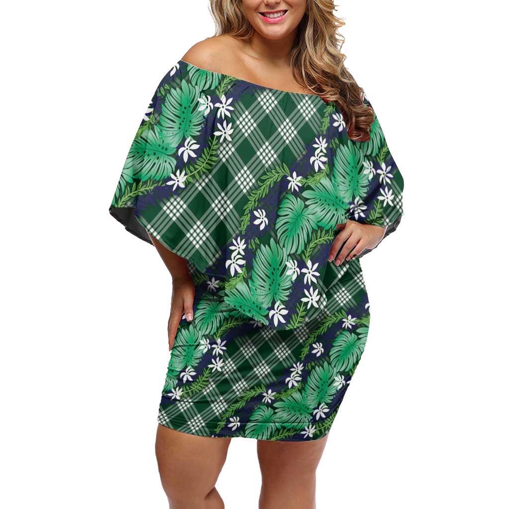 Polynesian Monstera Tiare Floral Family Matching Off Shoulder Short Dress and Hawaiian Shirt Forest Green Tropical Plaid - Polynesian Pride