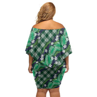 Polynesian Monstera Tiare Floral Family Matching Off Shoulder Short Dress and Hawaiian Shirt Forest Green Tropical Plaid - Polynesian Pride