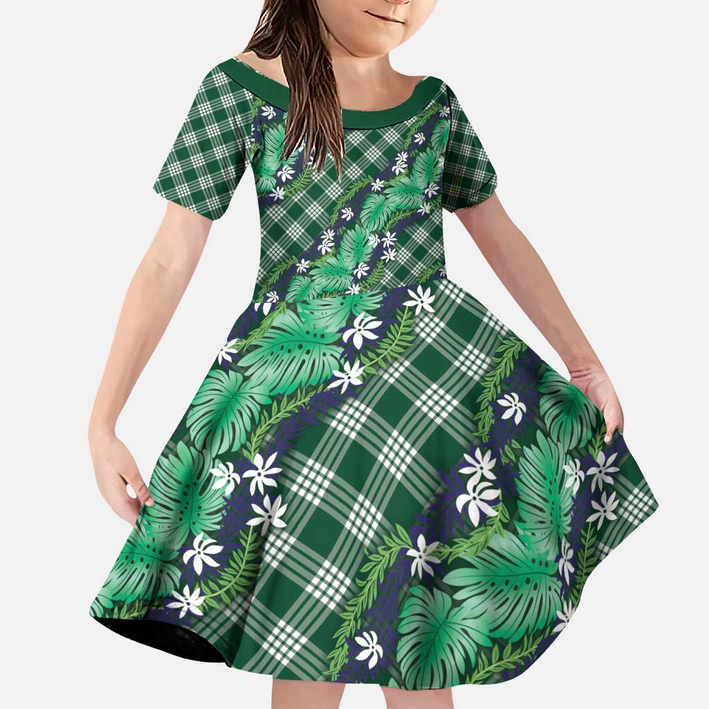 Polynesian Monstera Tiare Floral Family Matching Puletasi and Hawaiian Shirt Forest Green Tropical Plaid - Polynesian Pride