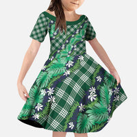 Polynesian Monstera Tiare Floral Family Matching Puletasi and Hawaiian Shirt Forest Green Tropical Plaid - Polynesian Pride