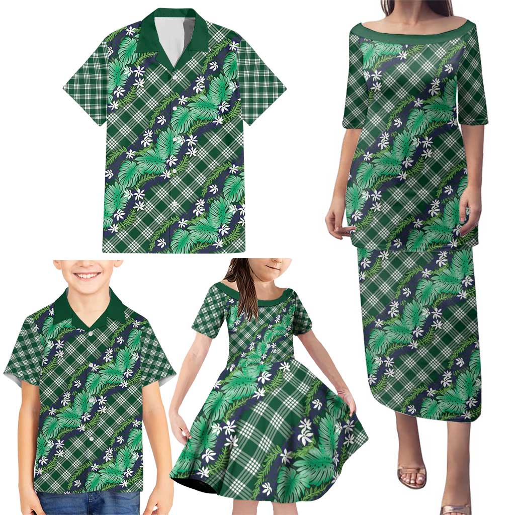 Polynesian Monstera Tiare Floral Family Matching Puletasi and Hawaiian Shirt Forest Green Tropical Plaid LT01 - Polynesian Pride