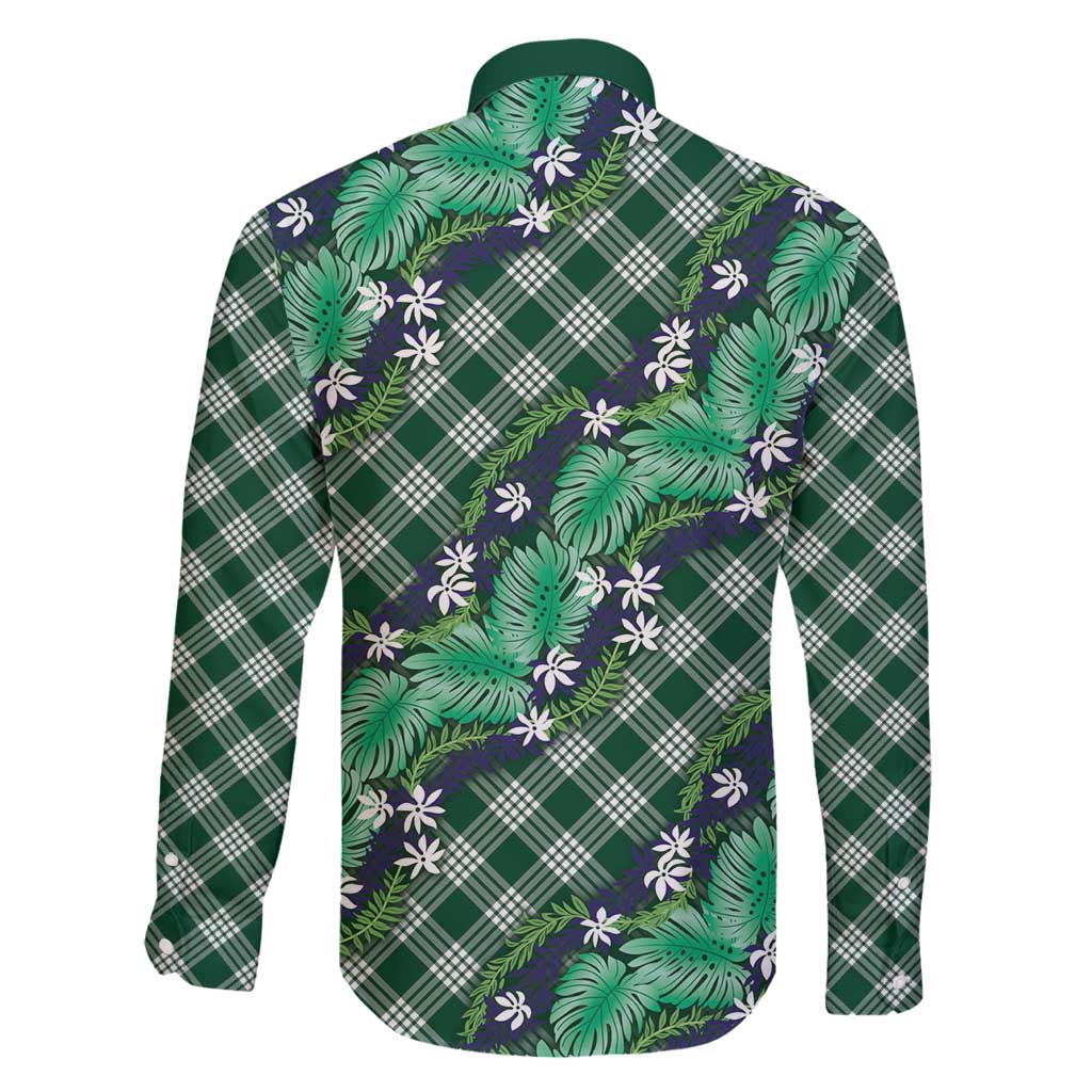 Polynesian Monstera Tiare Floral Family Matching Puletasi and Hawaiian Shirt Forest Green Tropical Plaid - Polynesian Pride