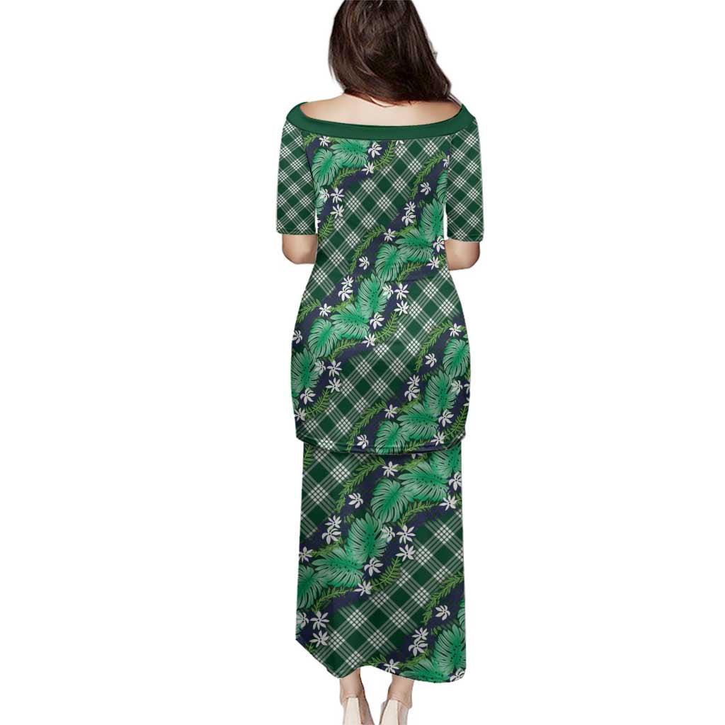 Polynesian Monstera Tiare Floral Family Matching Puletasi and Hawaiian Shirt Forest Green Tropical Plaid - Polynesian Pride