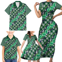 Polynesian Monstera Tiare Floral Family Matching Short Sleeve Bodycon Dress and Hawaiian Shirt Forest Green Tropical Plaid - Polynesian Pride