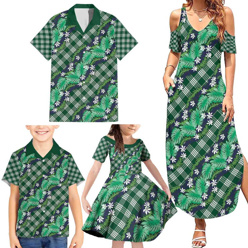 Polynesian Monstera Tiare Floral Family Matching Summer Maxi Dress and Hawaiian Shirt Forest Green Tropical Plaid - Polynesian Pride