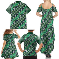 Polynesian Monstera Tiare Floral Family Matching Summer Maxi Dress and Hawaiian Shirt Forest Green Tropical Plaid - Polynesian Pride