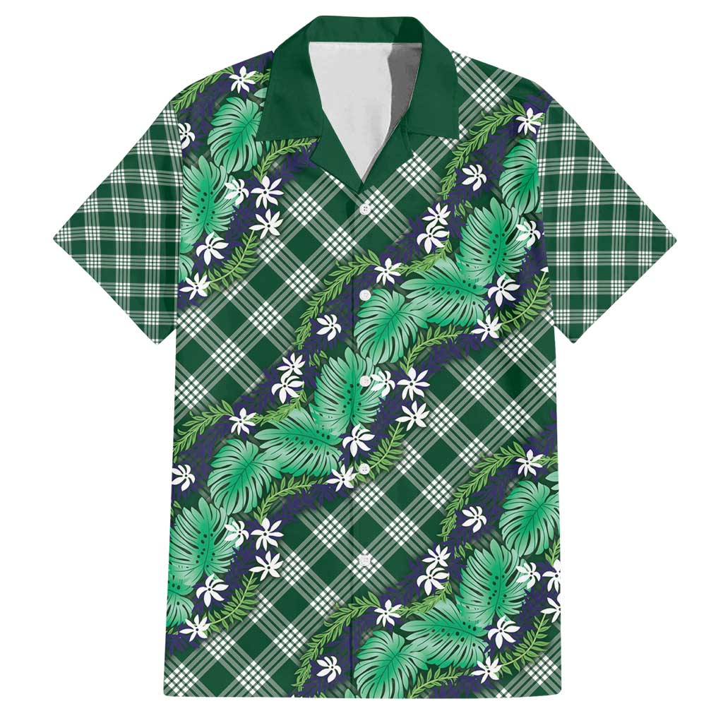 Polynesian Monstera Tiare Floral Family Matching Summer Maxi Dress and Hawaiian Shirt Forest Green Tropical Plaid - Polynesian Pride