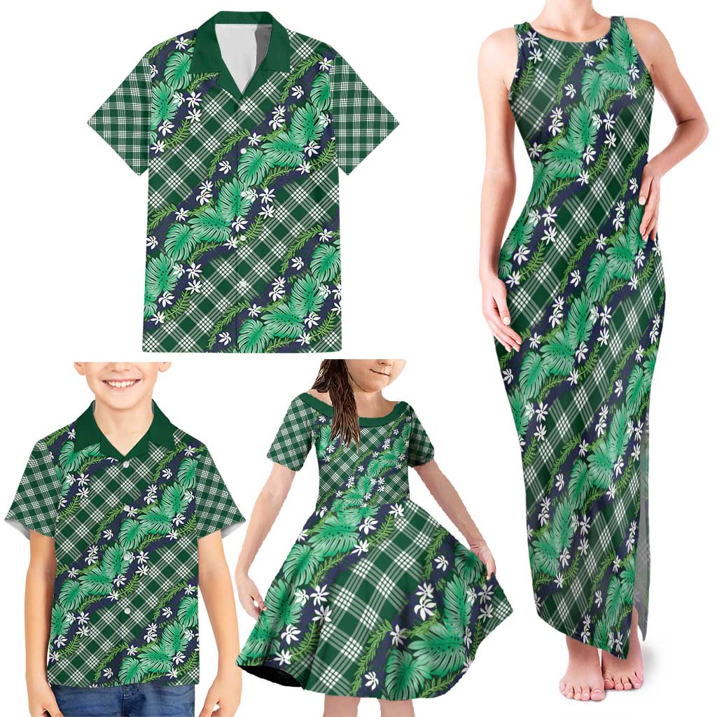 Polynesian Monstera Tiare Floral Family Matching Tank Maxi Dress and Hawaiian Shirt Forest Green Tropical Plaid - Polynesian Pride