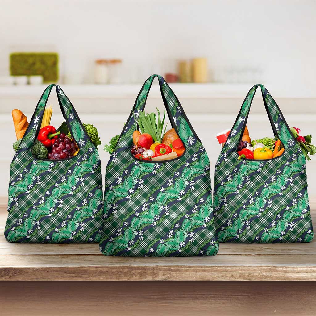 Polynesian Monstera Tiare Floral Grocery Bag Forest Green Tropical Plaid - Polynesian Pride