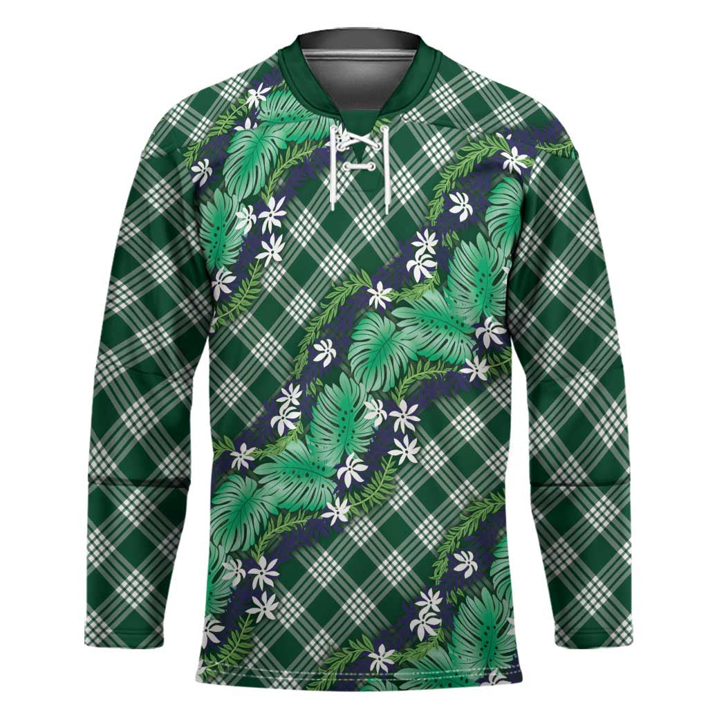 Polynesian Monstera Tiare Floral Hockey Jersey Forest Green Tropical Plaid - Polynesian Pride