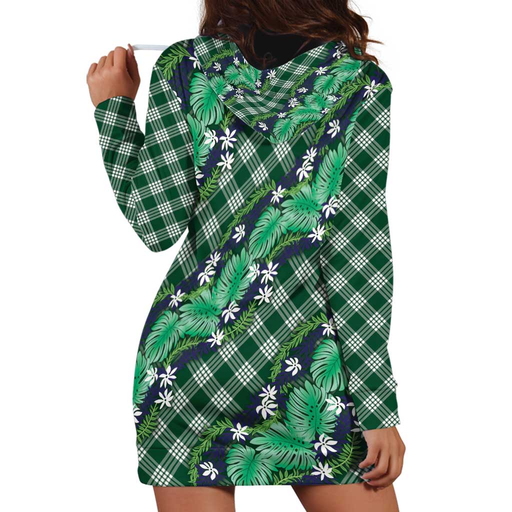 Polynesian Monstera Tiare Floral Hoodie Dress Forest Green Tropical Plaid LT01 - Polynesian Pride