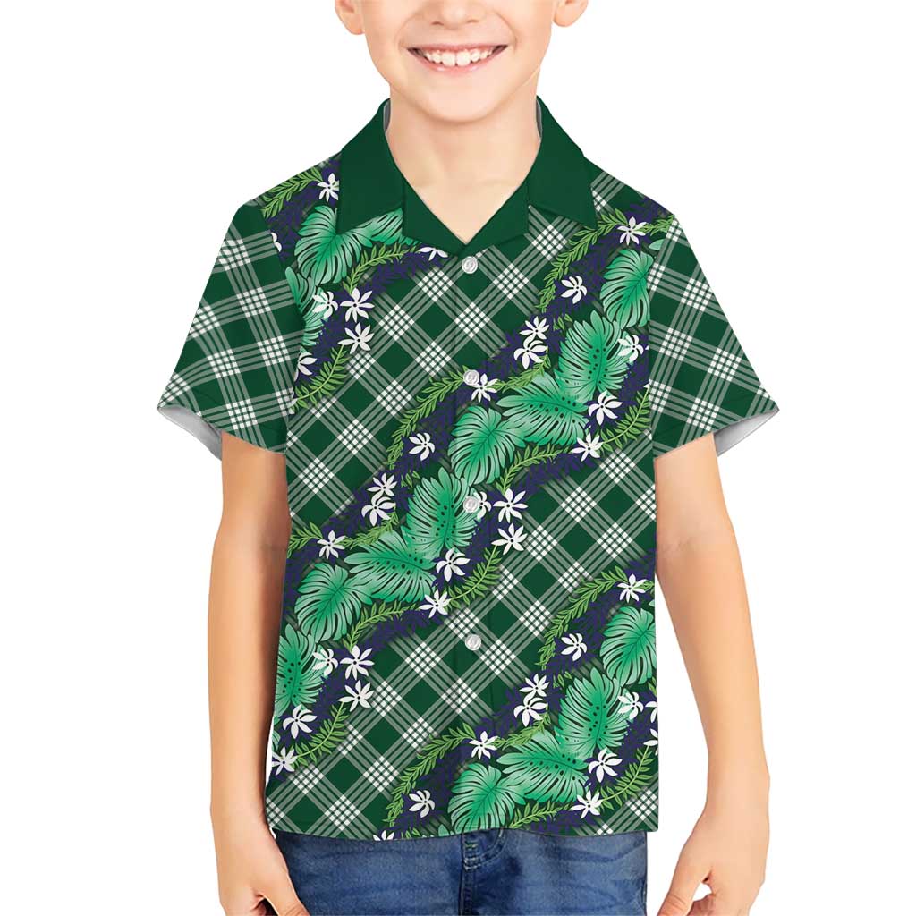 Polynesian Monstera Tiare Floral Kid Hawaiian Shirt Forest Green Tropical Plaid LT01 Kid Green - Polynesian Pride