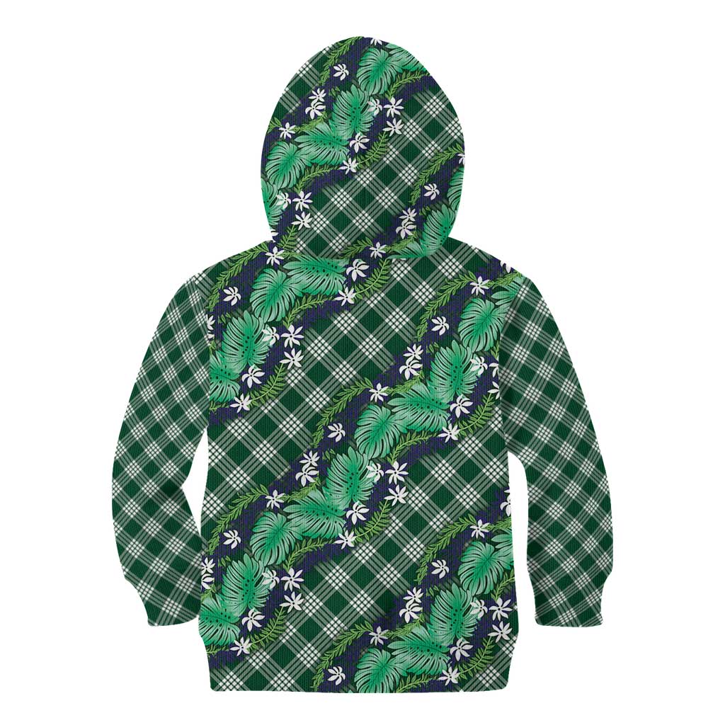 Polynesian Monstera Tiare Floral Kid Hoodie Forest Green Tropical Plaid - Polynesian Pride
