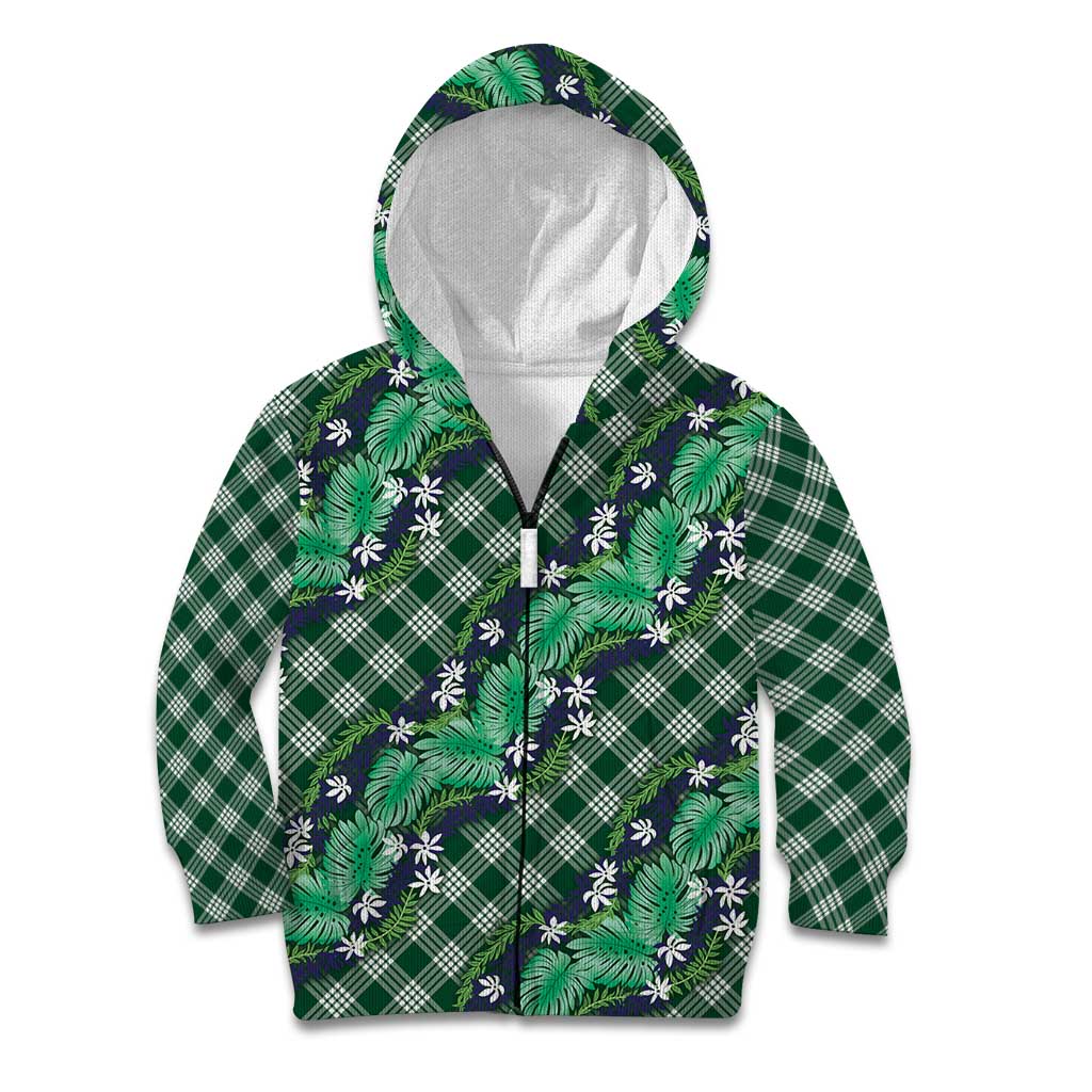 Polynesian Monstera Tiare Floral Kid Hoodie Forest Green Tropical Plaid - Polynesian Pride