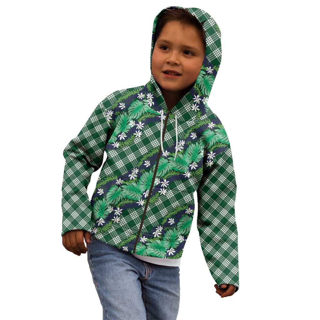 Polynesian Monstera Tiare Floral Kid Hoodie Forest Green Tropical Plaid - Polynesian Pride
