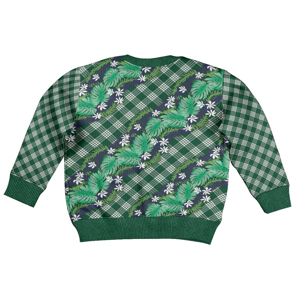 Polynesian Monstera Tiare Floral Kid Ugly Christmas Sweater Forest Green Tropical Plaid LT01 - Polynesian Pride
