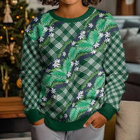 Polynesian Monstera Tiare Floral Kid Ugly Christmas Sweater Forest Green Tropical Plaid LT01 - Polynesian Pride