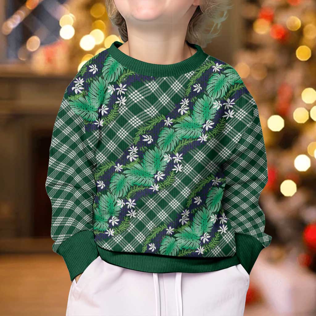 Polynesian Monstera Tiare Floral Kid Ugly Christmas Sweater Forest Green Tropical Plaid LT01 - Polynesian Pride
