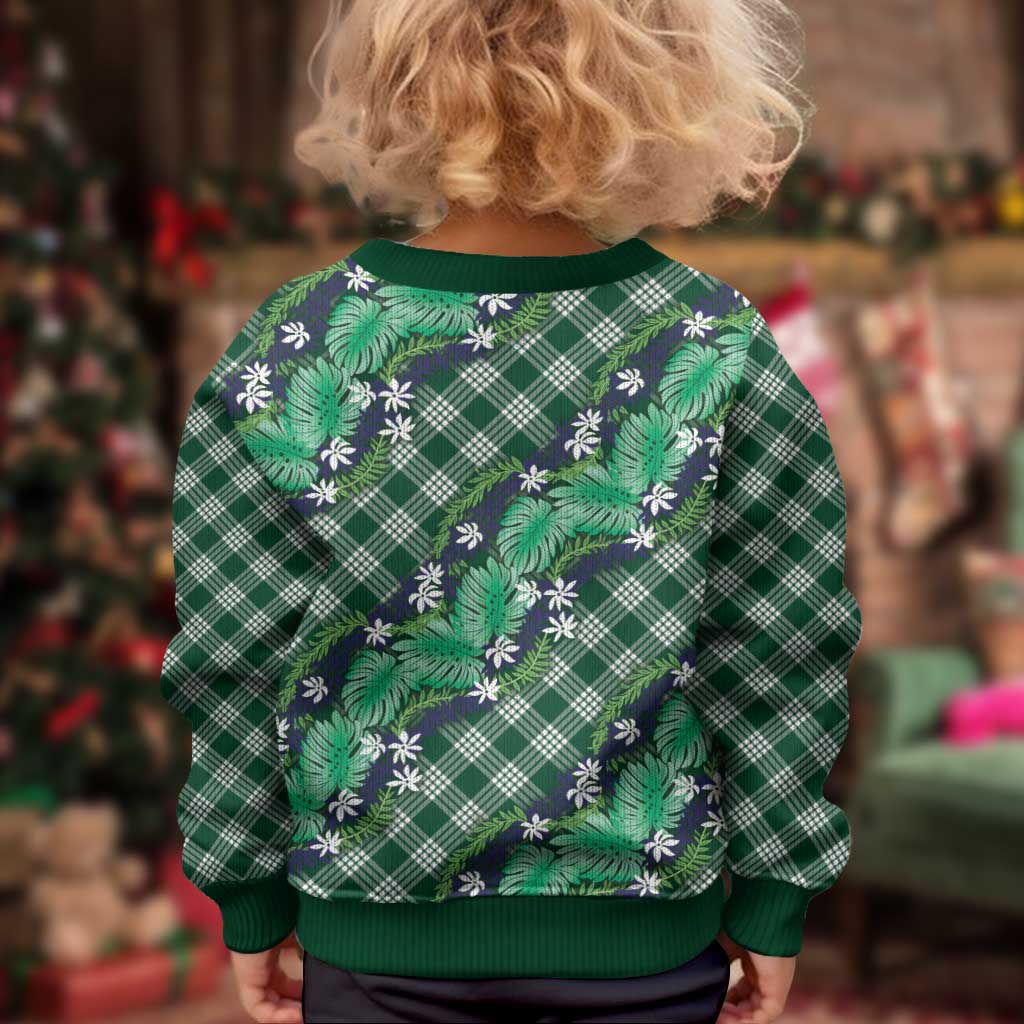 Polynesian Monstera Tiare Floral Kid Ugly Christmas Sweater Forest Green Tropical Plaid LT01 - Polynesian Pride