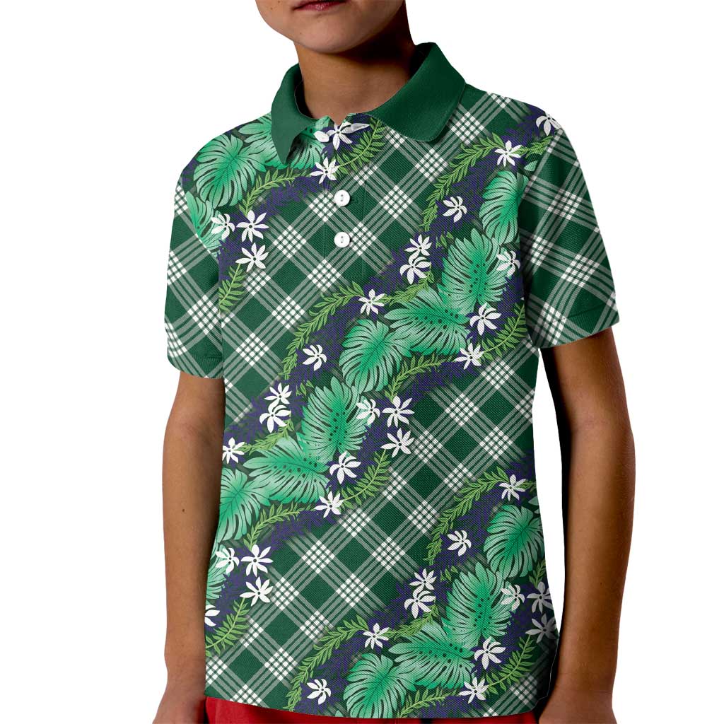 Polynesian Monstera Tiare Floral Kid Polo Shirt Forest Green Tropical Plaid LT01 Kid Green - Polynesian Pride